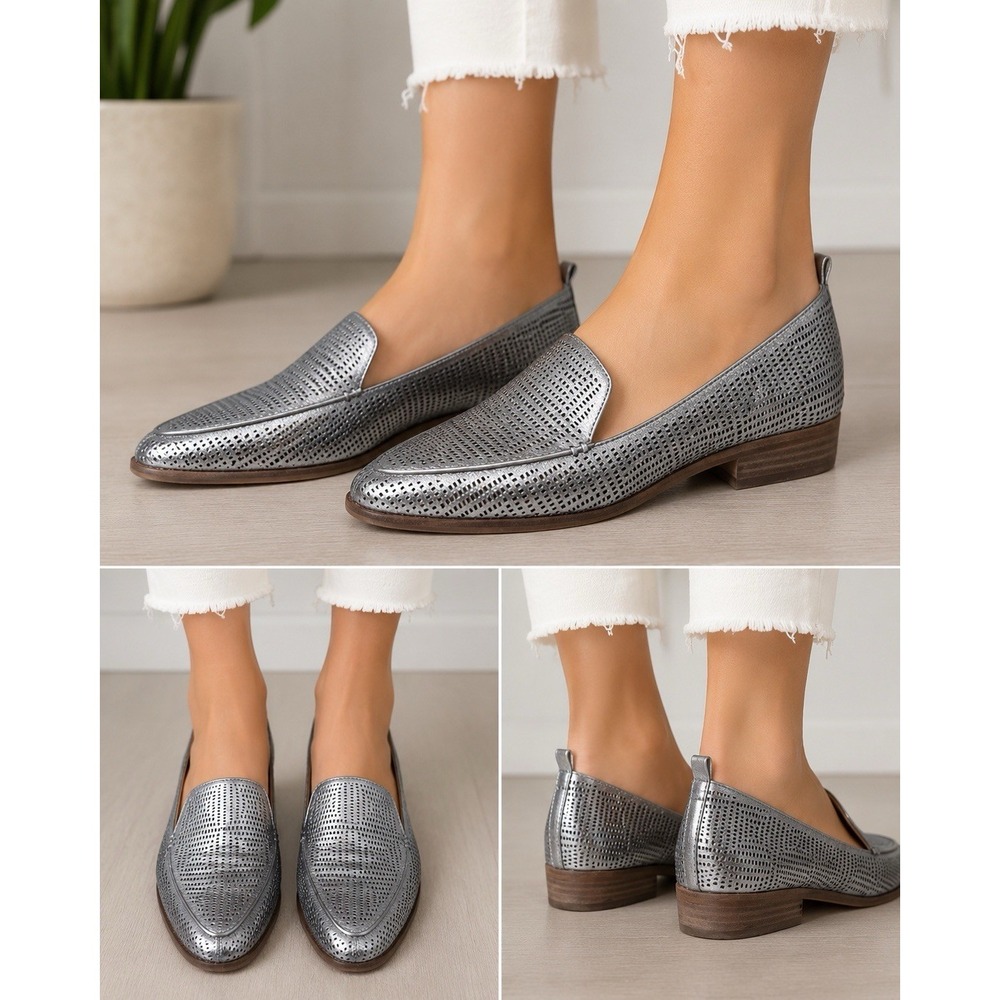 Vince Camuto Kadee Silver Pointed Toe Cut Out Leather Loafer Womens Flats Sz 9.5